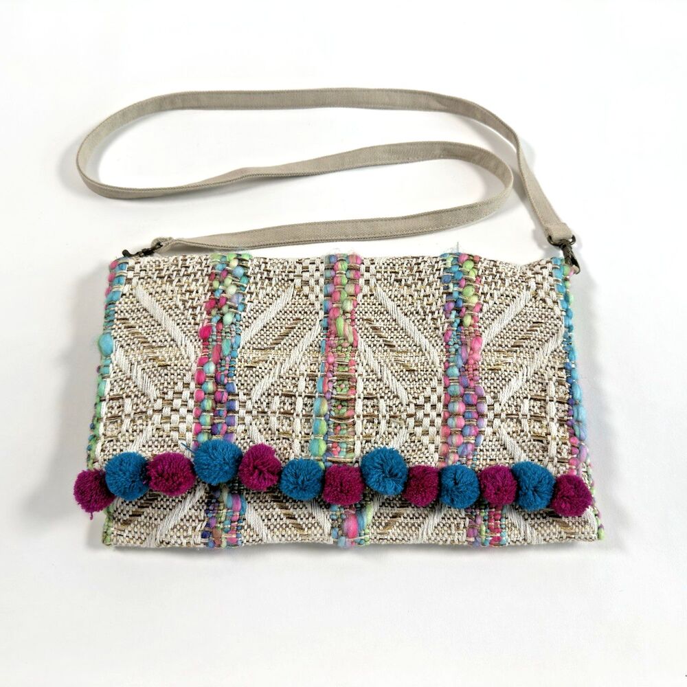 Gottex “Aruba” Crossbody Bag – Woven Boho Style with Pom Pom Trim -Used Once!